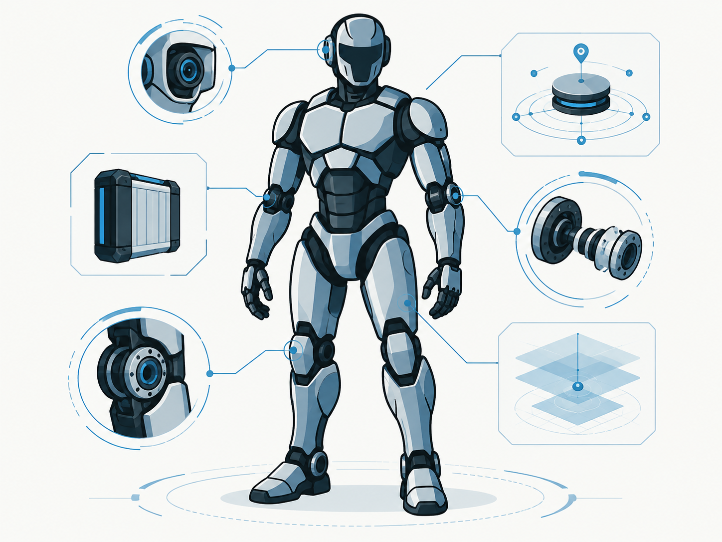 VAS research visualization showing humanoid robotics, digital engineering, energy systems, sensors, and digital twin concepts.