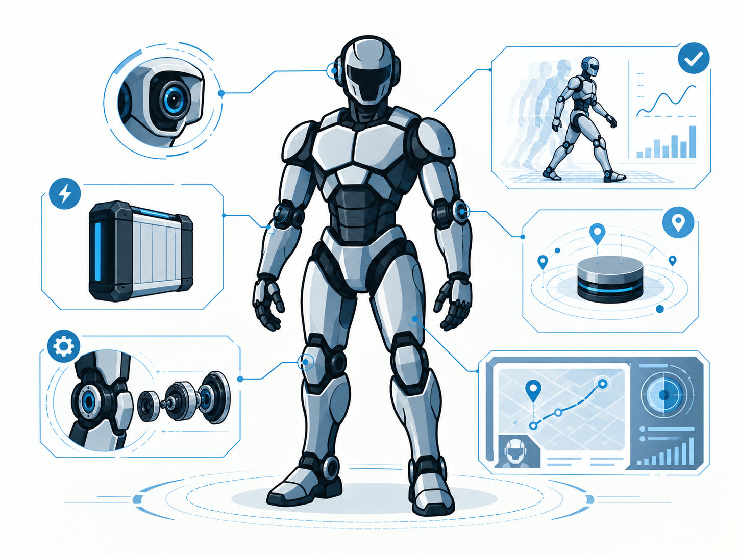 VAS research progress illustration showing prototype development, verification, power, mobility, sensing, navigation, and control.