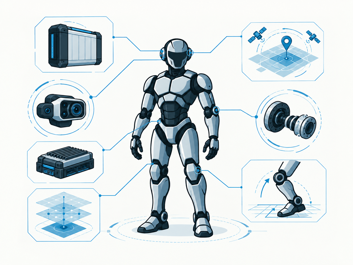 VAS systems research illustration showing robotics, power, sensing, navigation, gait, mechanical interfaces, and digital engineering.