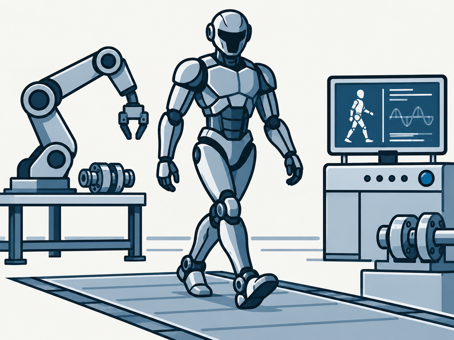 Robotics research visualization with locomotion, mechanical systems, and gait engineering.